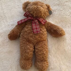 Plush Brown Teddy Bear with Red Plaid Bow Vintage
